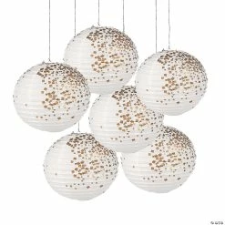 12" White & Gold Patterned Hanging Paper Lanterns - 6 Pc.