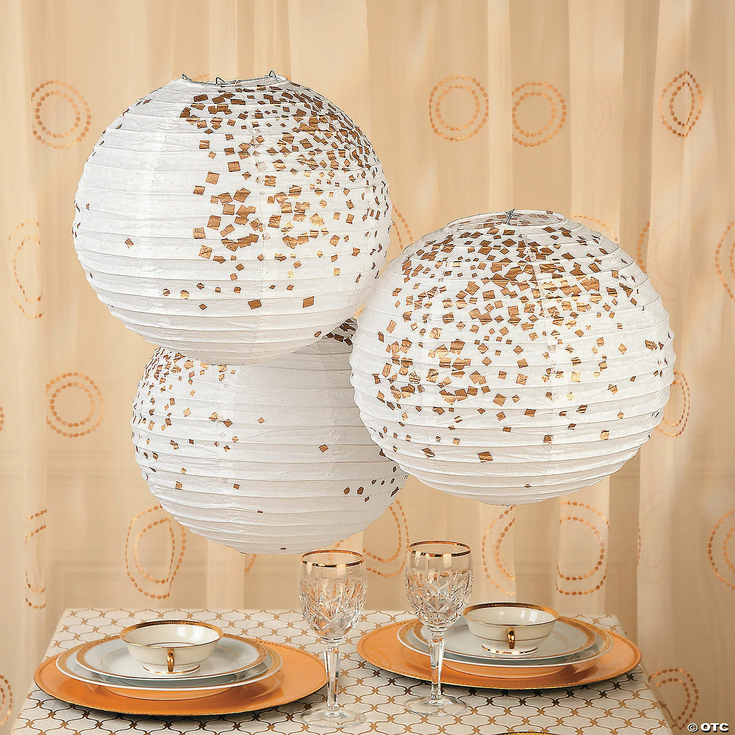 12" White & Gold Patterned Hanging Paper Lanterns - 6 Pc. - Image 3