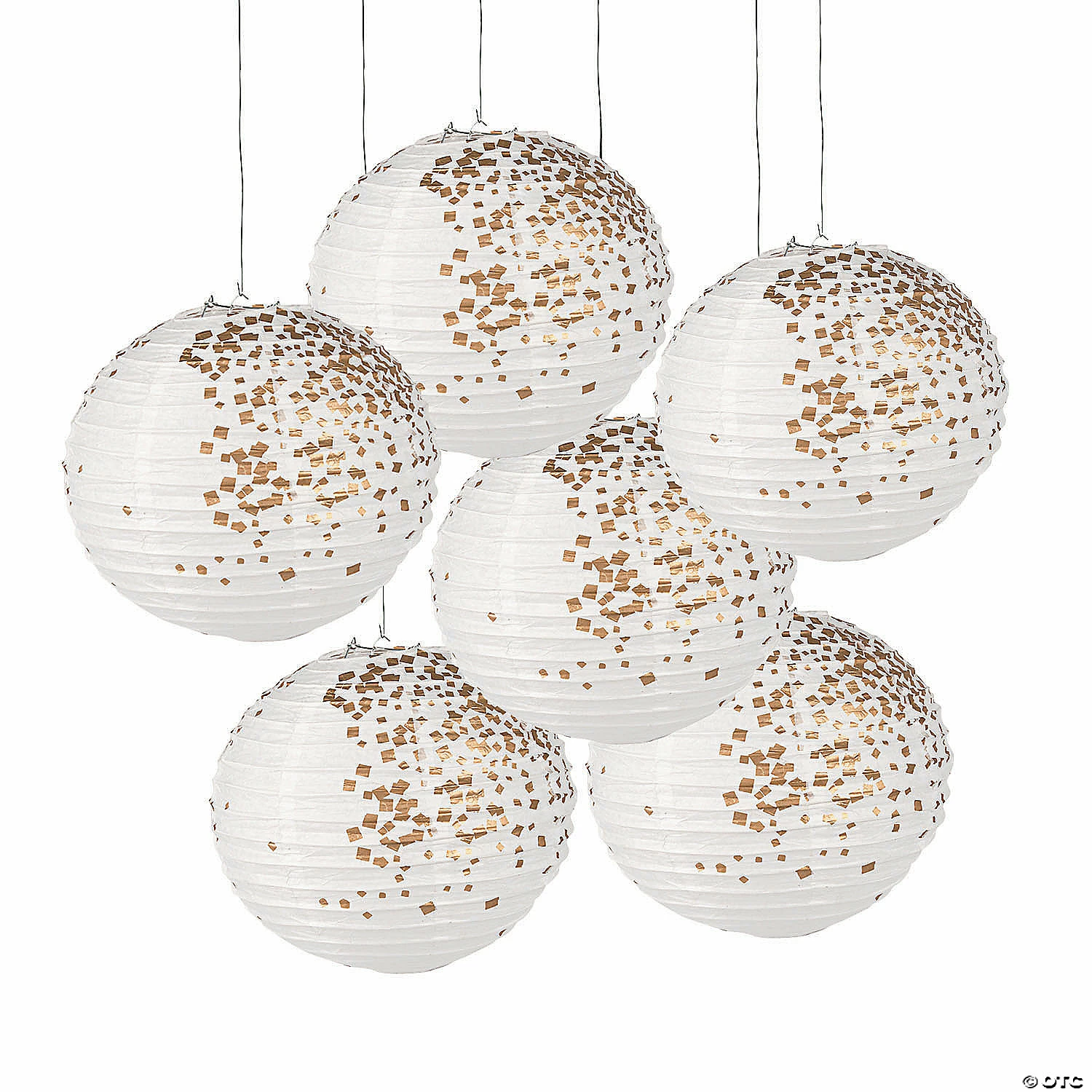 12" White & Gold Patterned Hanging Paper Lanterns - 6 Pc.