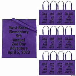 15" x 17" Personalized Large Purple Nonwoven Tote Bags with Text Color Choice - 24 Pc.
