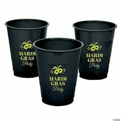 Black Personalized Mardi Gras Mask Plastic Cups - 40 Pc.