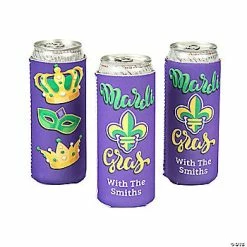 Personalized Premium Mardi Gras Slim Fit Can Coolers - 12 Pc.