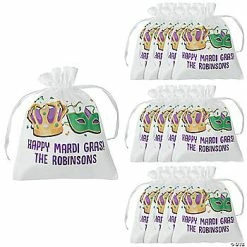 Personalized Mardi Gras Satin Drawstring Bags - 12 Pc.