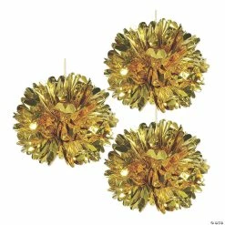 16" Metallic Gold Hanging Fluff Balls - 3 Pc.
