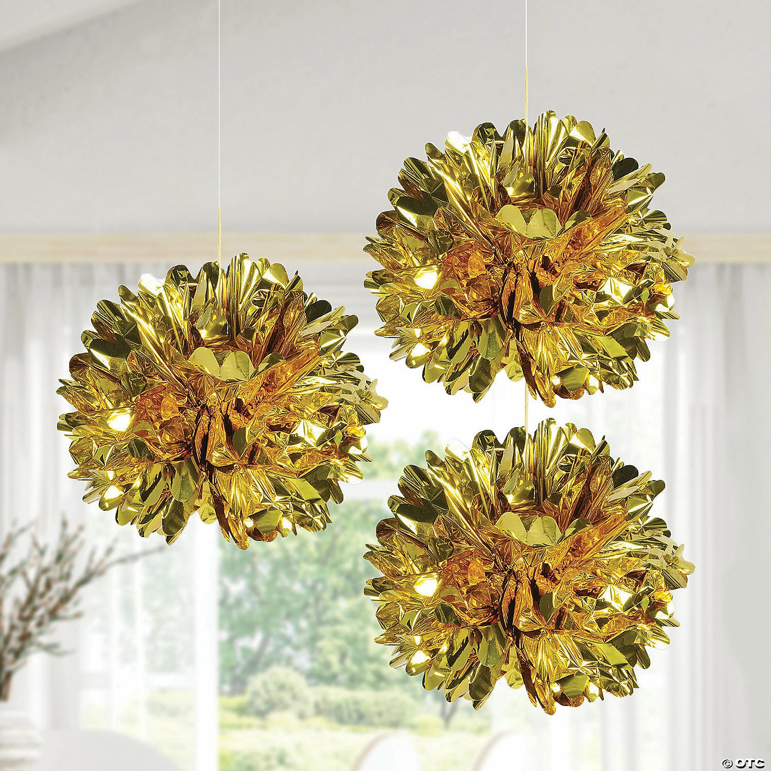 16" Metallic Gold Hanging Fluff Balls - 3 Pc. - Image 3