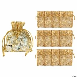 4" x 5" Mini Gold Metallic Organza Drawstring Bags - 12 Pc.