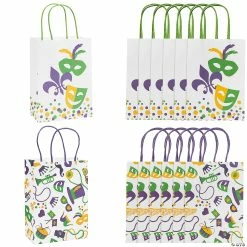 6 1/2" x 9" Medium Mardi Gras Kraft Paper Gift Bags - 12 Pc.