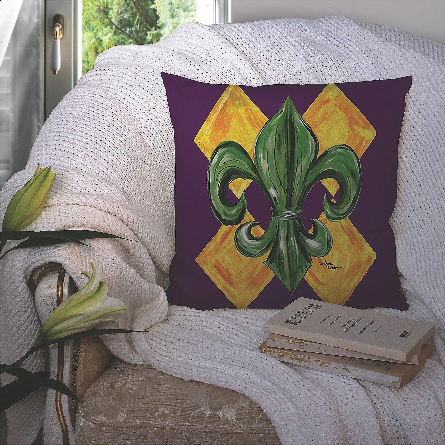 Caroline's Treasures Mardi Gras, Mardi Gras Fleur de lis Fabric Decorative Pillow, 14 x 14, New Orleans - Image 3