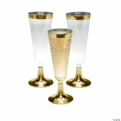 Clear Plastic Champagne Flutes with Gold Trim - 25 Ct.