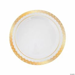 Premium Plastic Dinner Plates with Ornate Gold Trim - 25 Ct.